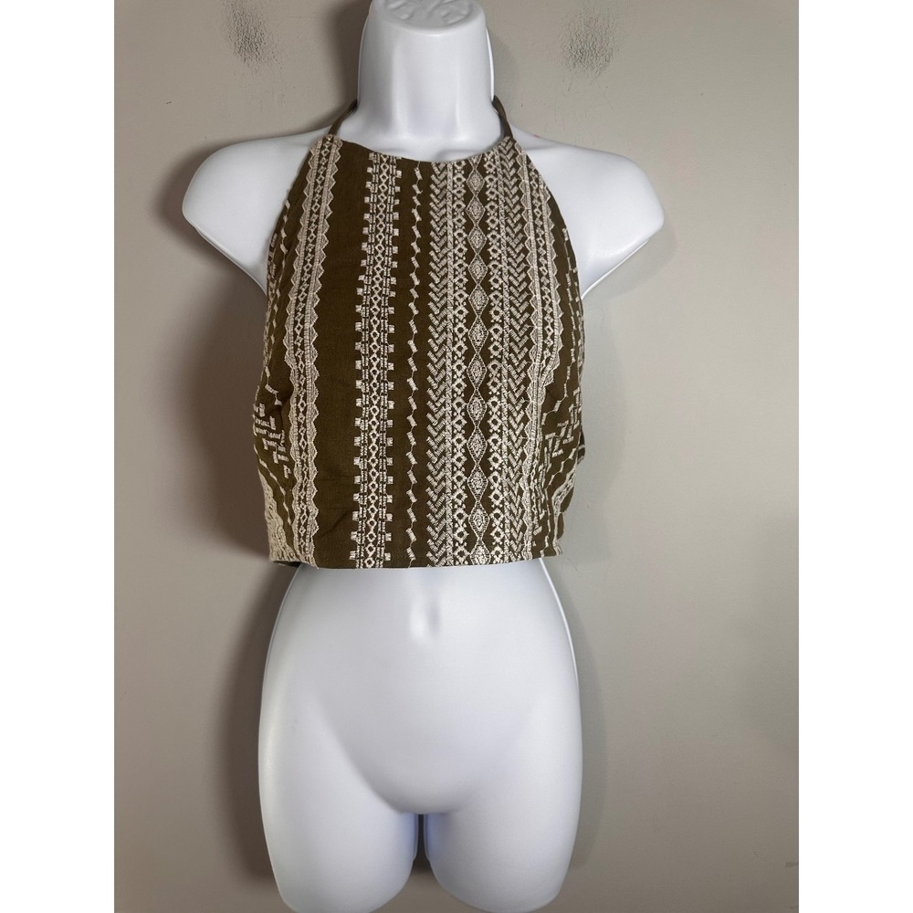 House of Harlow 1960 Brown Embroidered Halter Crop Top Linen Blend Boho M